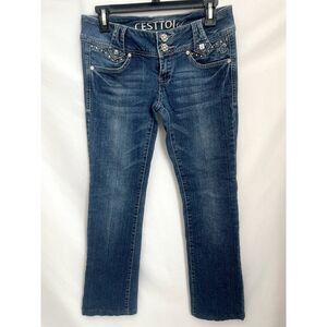 C Est Toi USA Y2K Bedazzled Low Rise Gems Jeans Sz 5 Dark Wash Barbie Bling Cute